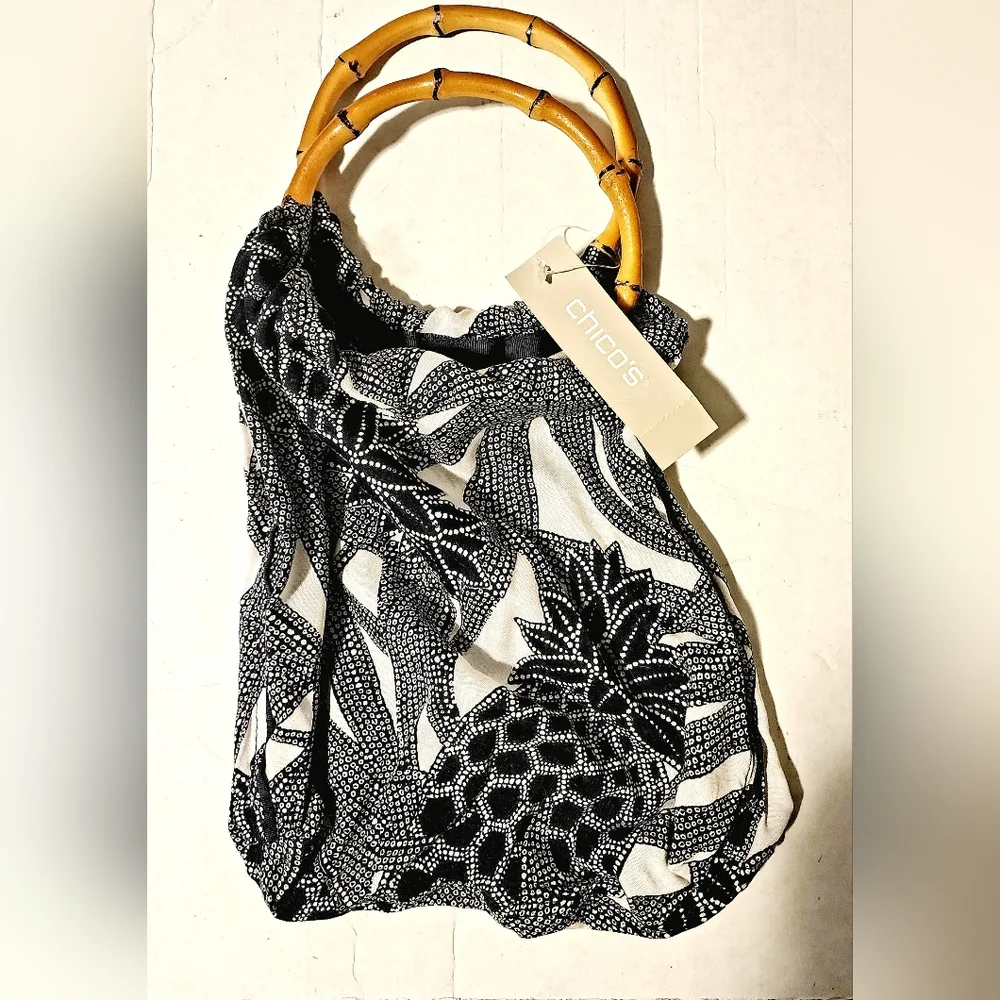 Chico's bamboo handle blue pineapple silk travel purse